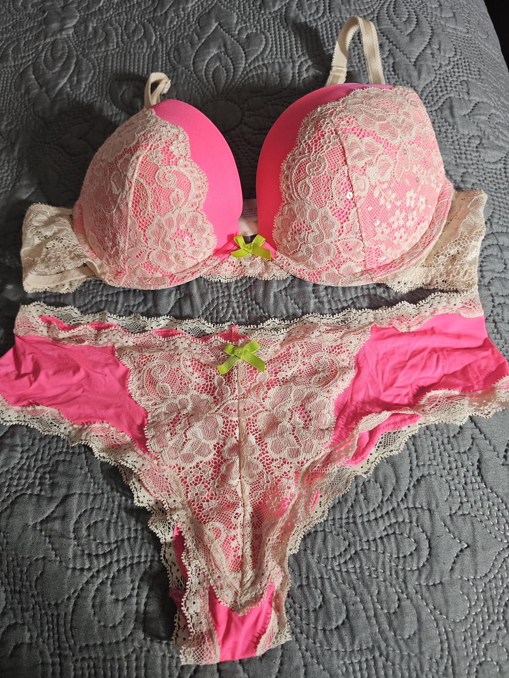 Victoria's Secret Pink and Beige Lace Bra & Panty Set
